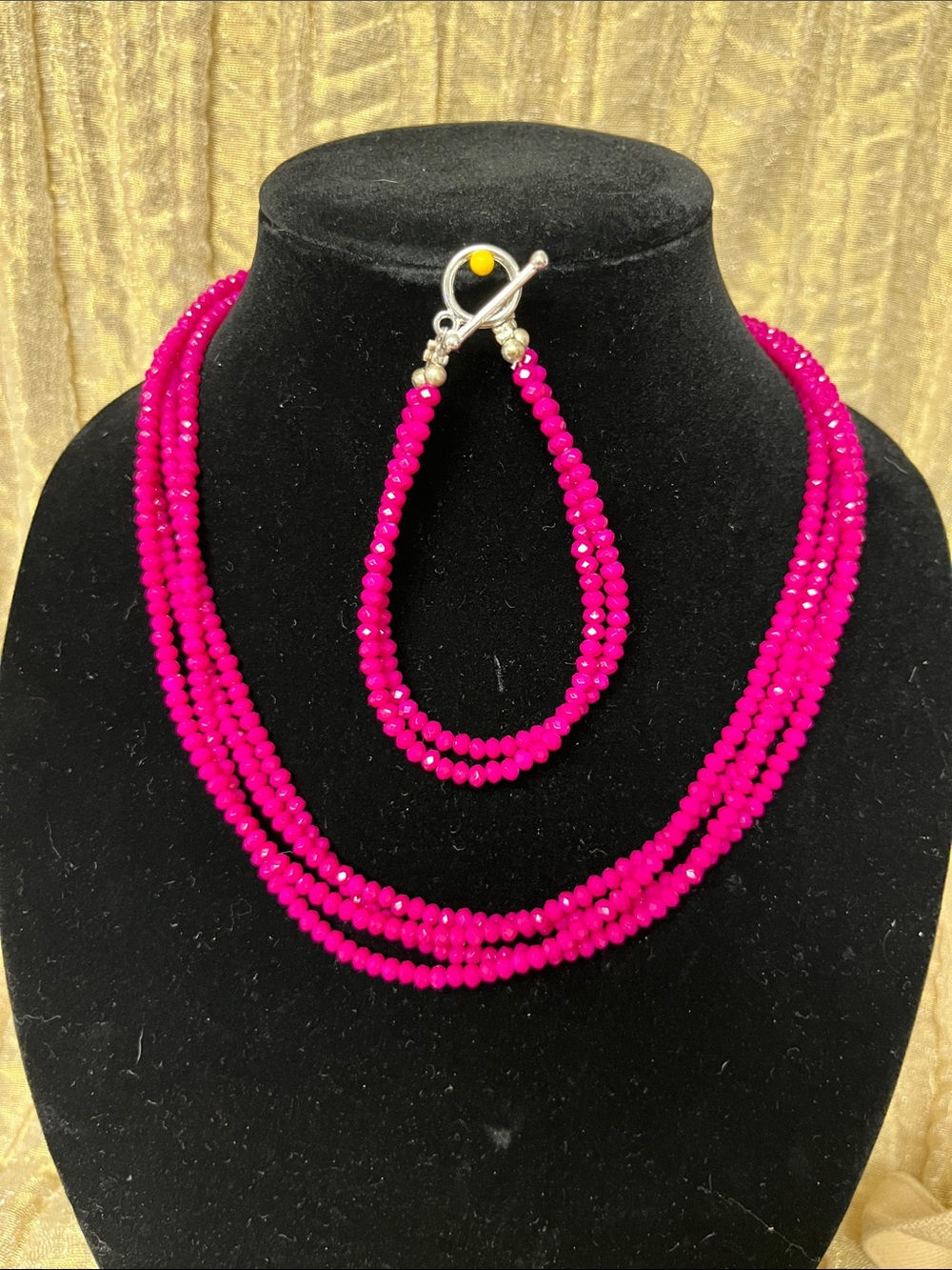3-Strand Hot Pink Beaded Necklace with Matching Bracelet - Unbranded